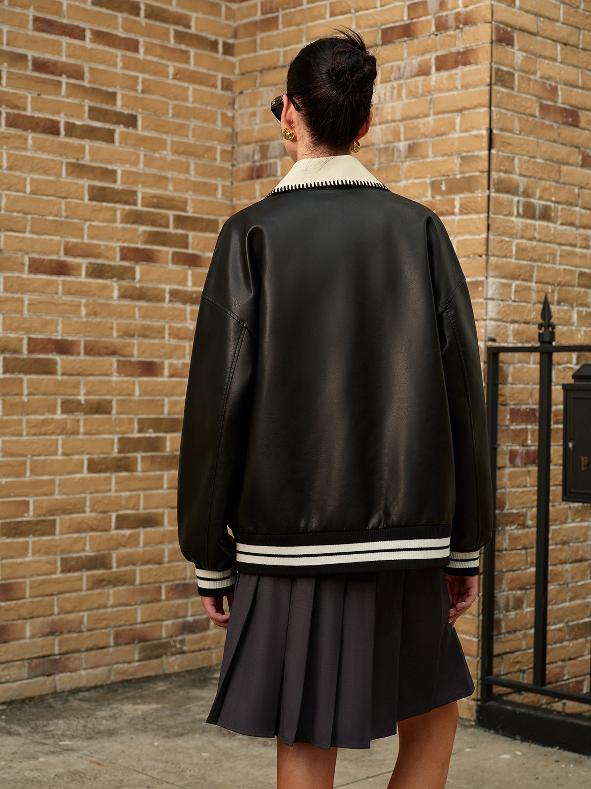 Kontrast Yaka Pu Deri Bomber Ceket