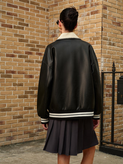 Kontrast Yaka Pu Deri Bomber Ceket