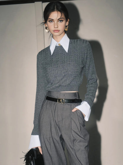 Kontrast Kesim Yumuşak Yaka Kazak