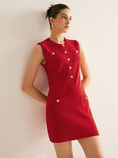 Düz Düğmeli Kolsuz Kazak Elbise