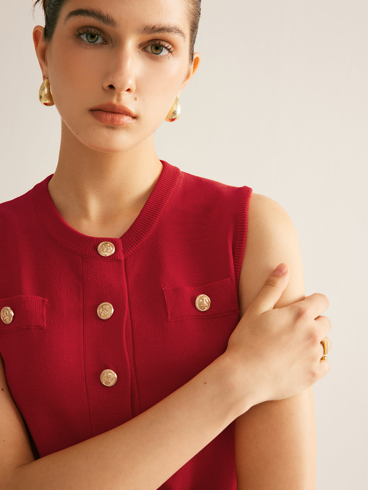 Düz Düğmeli Kolsuz Kazak Elbise