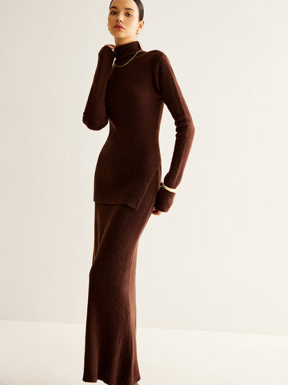 Düz Turtleneck Ribanalı Yumuşak Etek Takımı