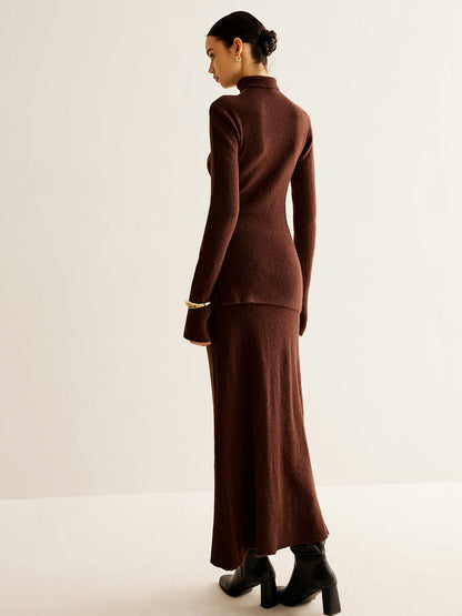 Düz Turtleneck Ribanalı Yumuşak Etek Takımı