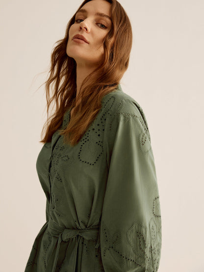 Pamuklu Bohem Nakışlı Kemerli Elbise