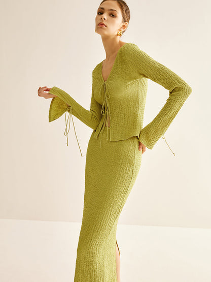 Düz V Yaka Bağcıklı Etek Takımı