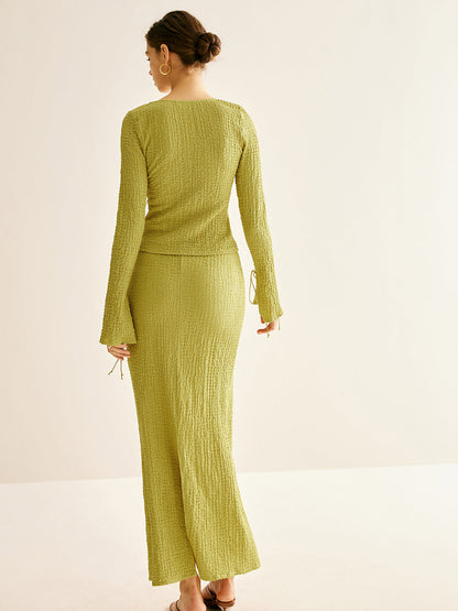 Düz V Yaka Bağcıklı Etek Takımı