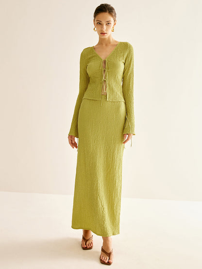 Düz V Yaka Bağcıklı Etek Takımı