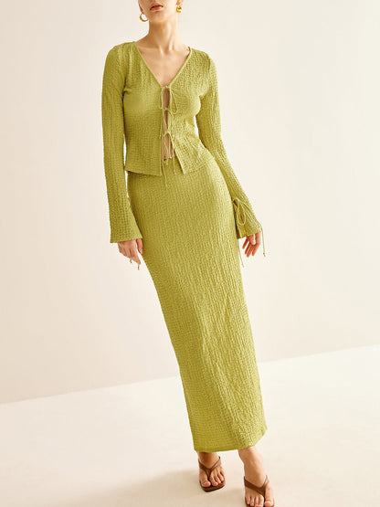 Düz V Yaka Bağcıklı Etek Takımı