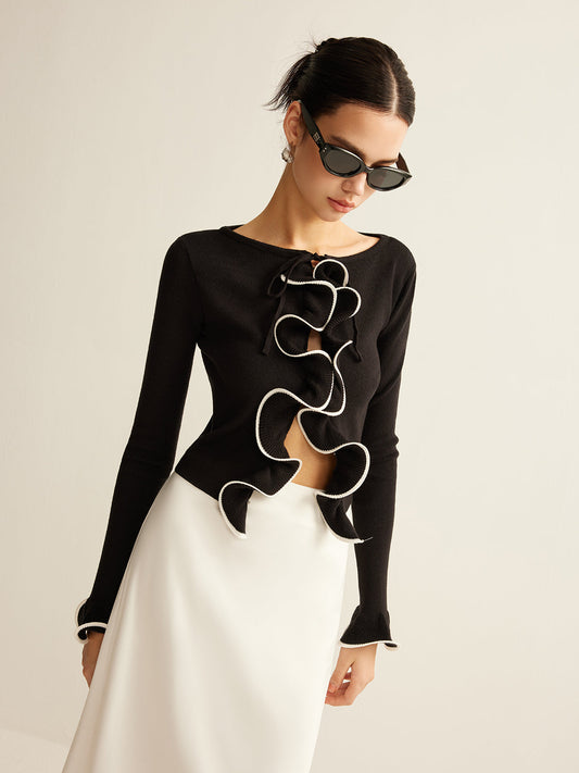 Kontrast Volanlı İnce Hırka