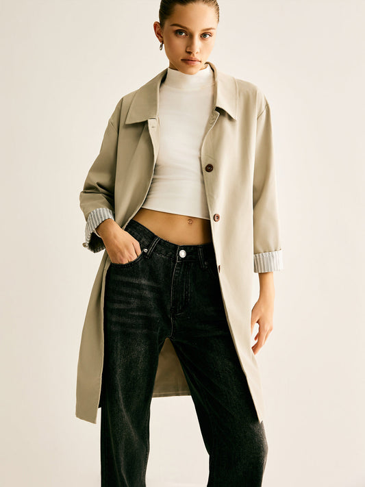 Pinstripe Manşet Uzun Trençkot