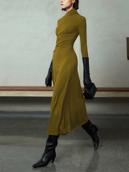 Vücuda Oturan Asimetrik Yaka Uzun Kollu Kıvrımlı Uzun Elbise