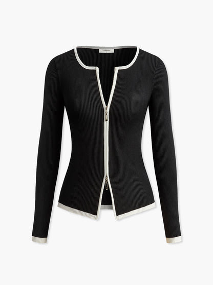 Kontrast Trim Çift Fermuarlı Örgü Üst