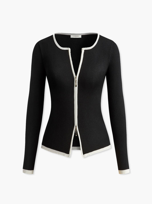 Kontrast Trim Çift Fermuarlı Örgü Üst