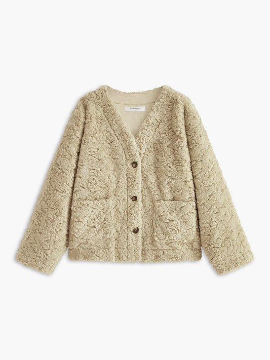 Minky V Yaka Göğüslü Sahte Kürk Palto