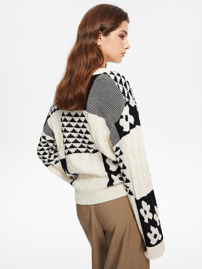 Renk Bloklu Kablo Örgü Sıcak Kazak