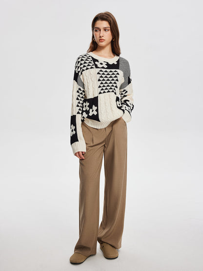 Renk Bloklu Kablo Örgü Sıcak Kazak