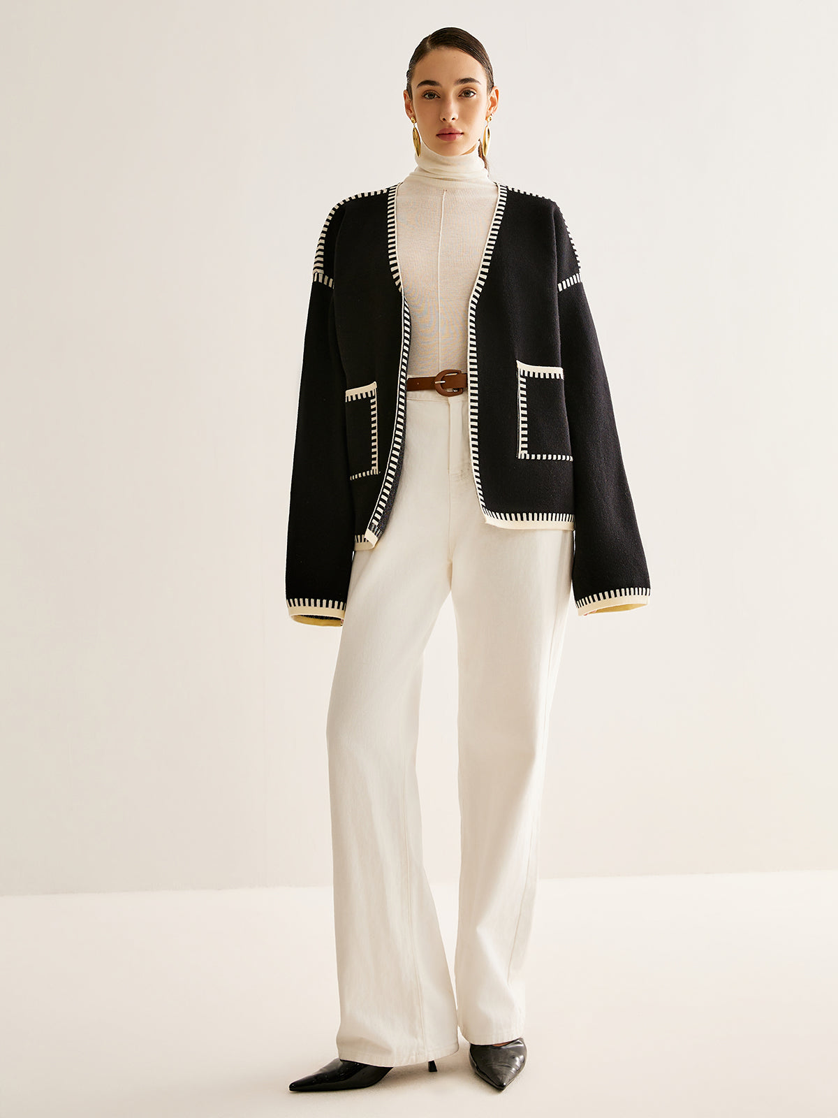 Kontrast Bağlamalı Bölünmüş Kardigan Kemerli