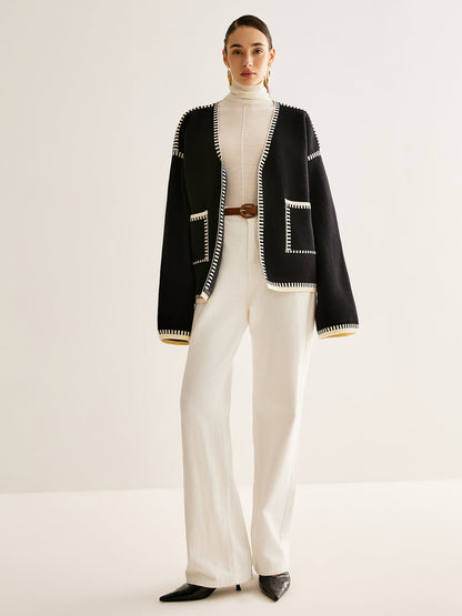 Kontrast Bağlamalı Bölünmüş Kardigan Kemerli