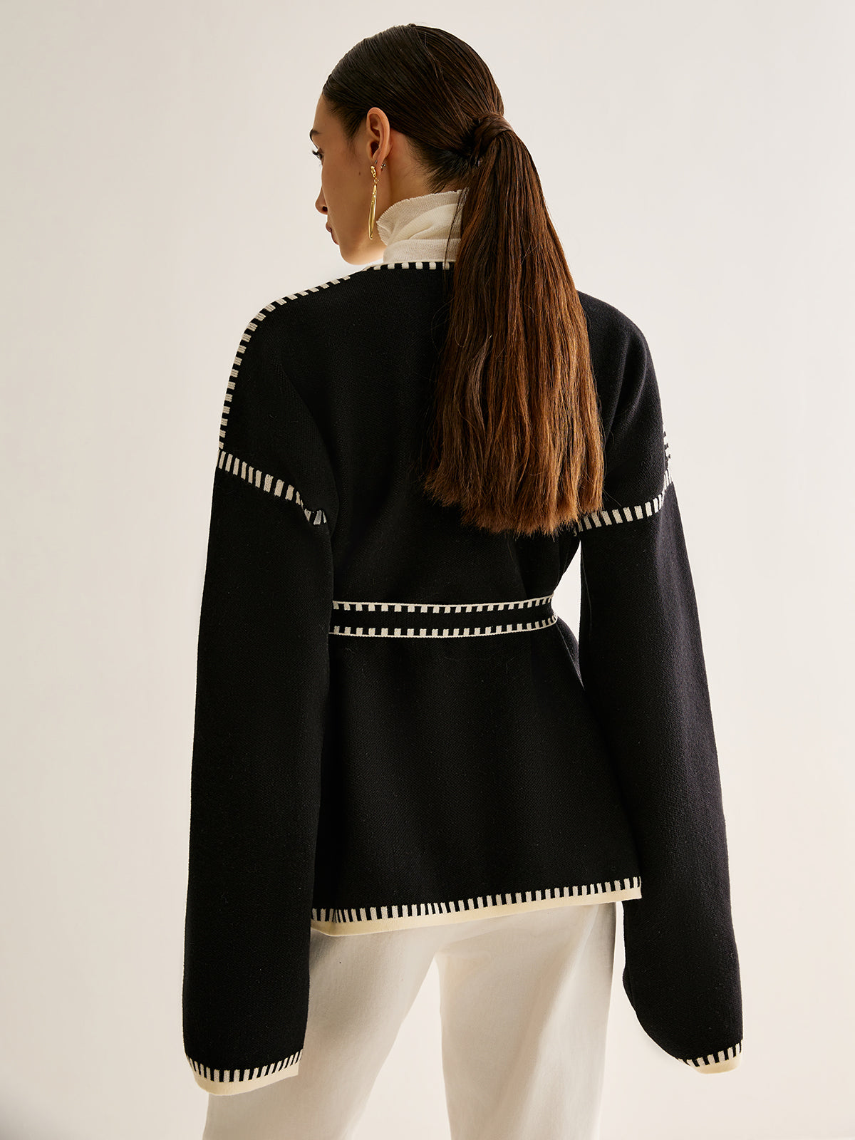 Kontrast Bağlamalı Bölünmüş Kardigan Kemerli