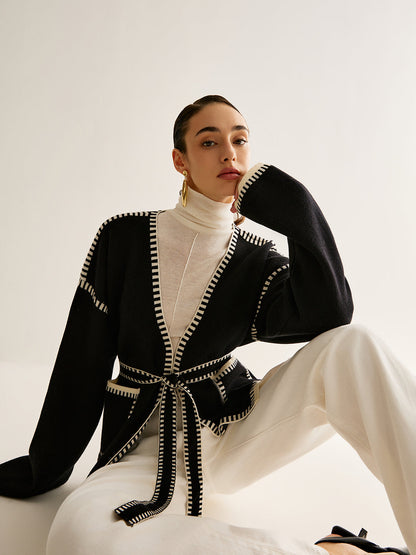 Kontrast Bağlamalı Bölünmüş Kardigan Kemerli