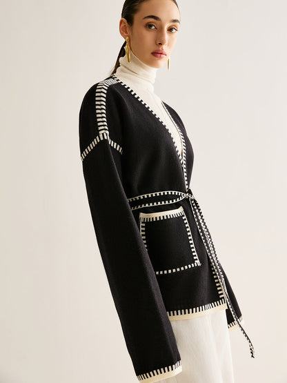 Kontrast Bağlamalı Bölünmüş Kardigan Kemerli