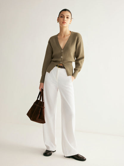 V Yaka Düğmeli Yırtık Kazak