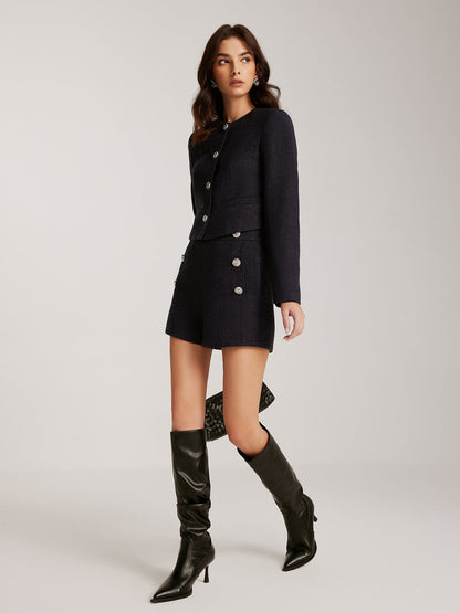 Düğmeli Tweed Kısa Ceket