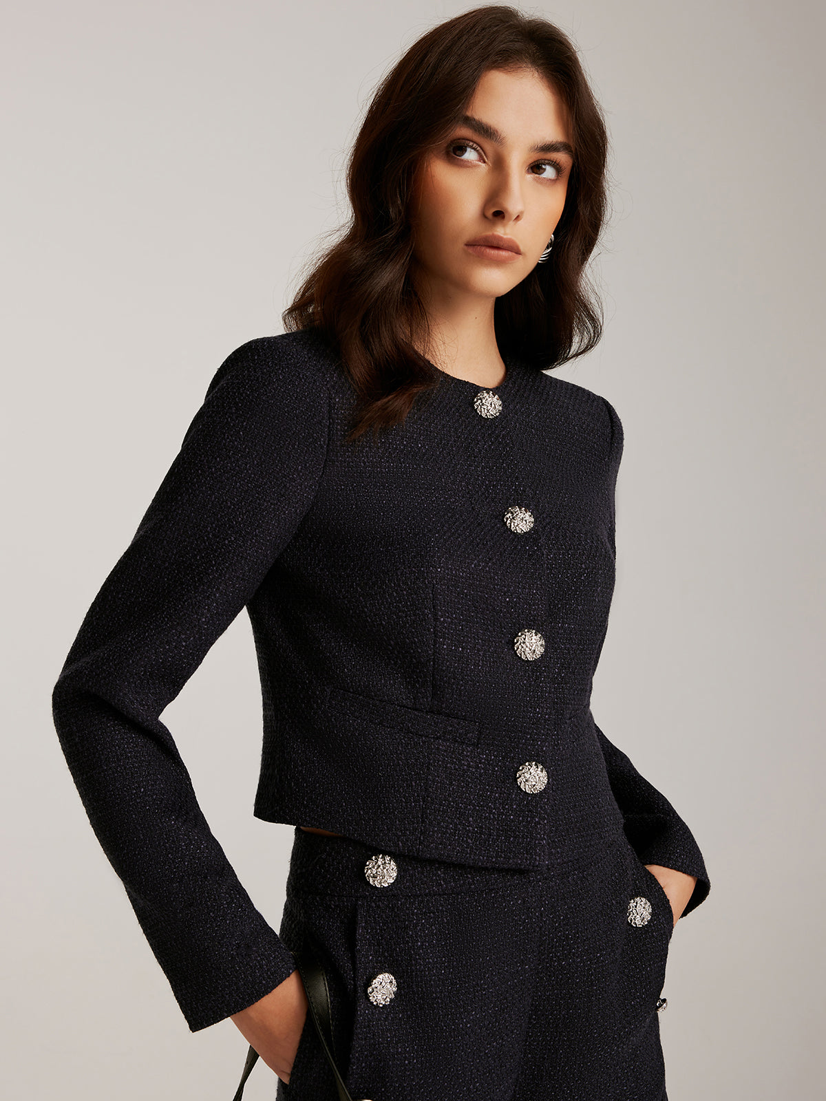 Düğmeli Tweed Kısa Ceket