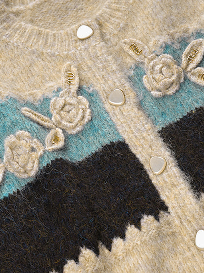 Tığ İşi Çiçekli Renk Bloklu Hırka