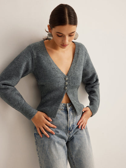 V Yakalı Yırtıklı İnce Hırka