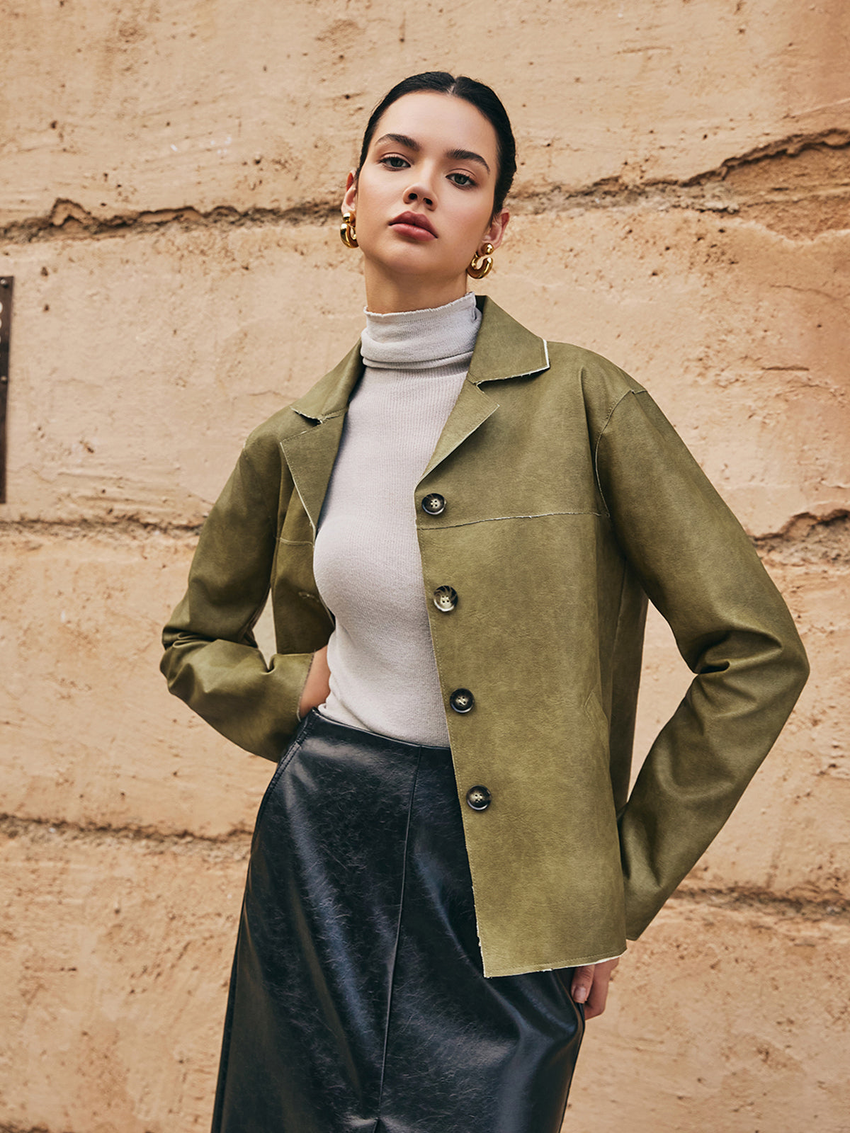 Gevşek Pu Deri Düz Ceket