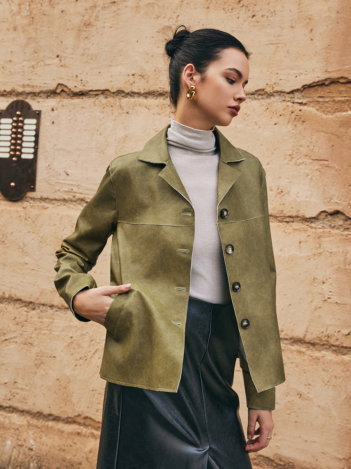 Gevşek Pu Deri Düz Ceket