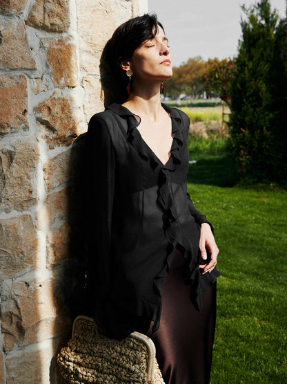 Yarı Şeffaf Volanlı İnce Bluz