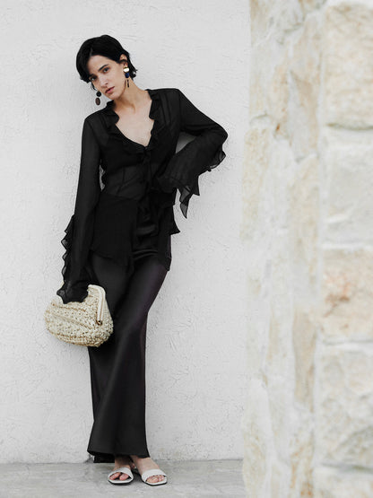 Yarı Şeffaf Volanlı İnce Bluz