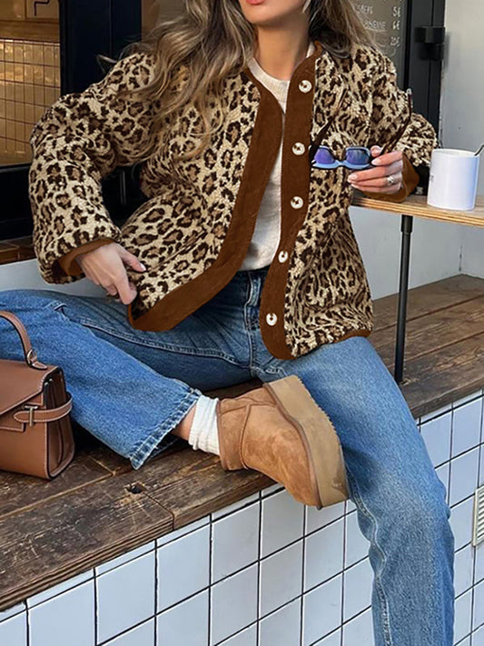Kontrast Trim Minky Leopar Ceket
