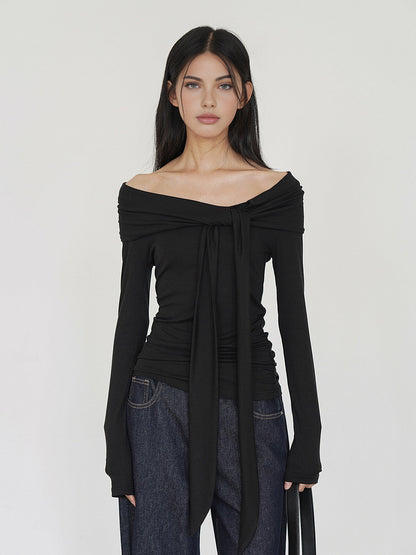 Soğuk Omuz Bağcıklı Yaka Jersey Üst