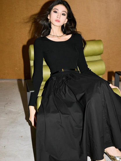 Düz Kemerli Pileli Panel Elbise