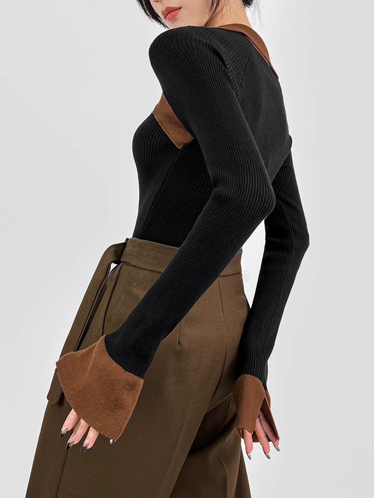 Kaburgalı Renk Bloklu İnce Kazak