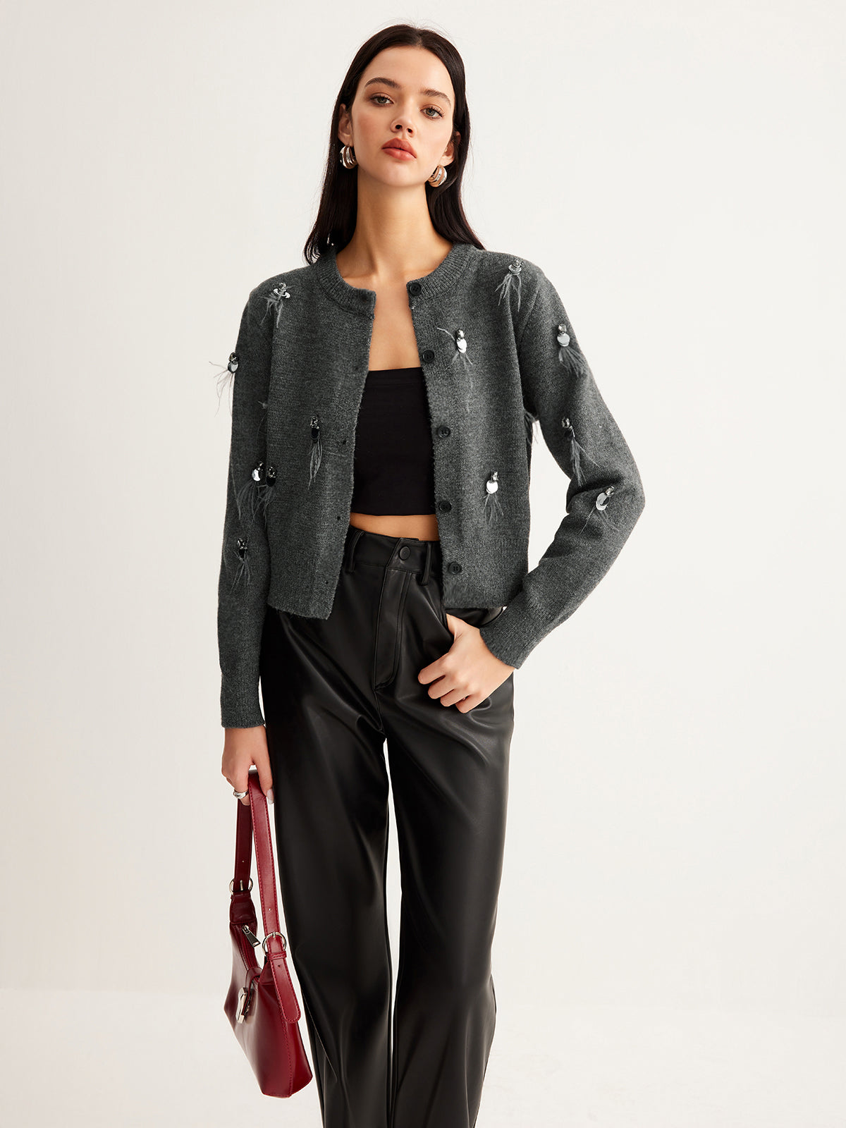 Leisure Düğmeli Payetli Hırka