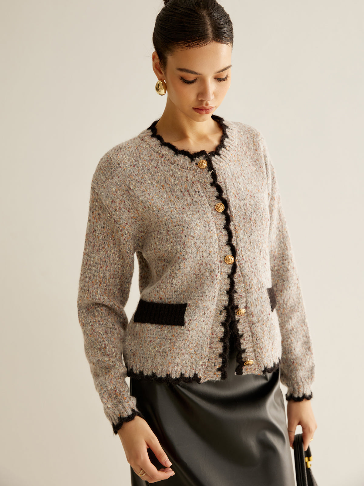 Çok Yönlü Kontrast Kesim Düğmeli Kardigan