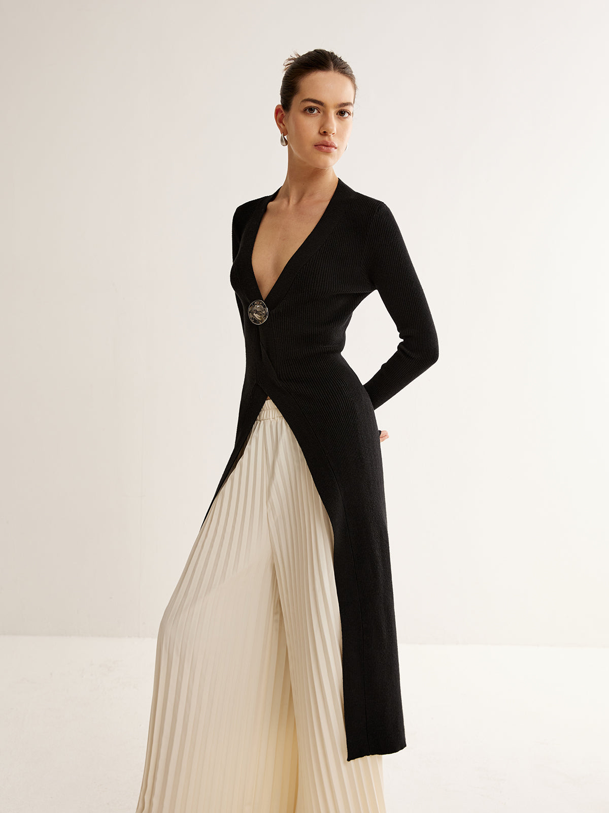 Metal Dekor Bölünmüş Örme Uzun Üst