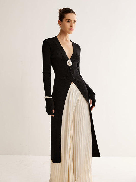 Metal Dekor Bölünmüş Örme Uzun Üst