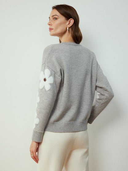 Jakarlı Çiçekli Örgü Üst