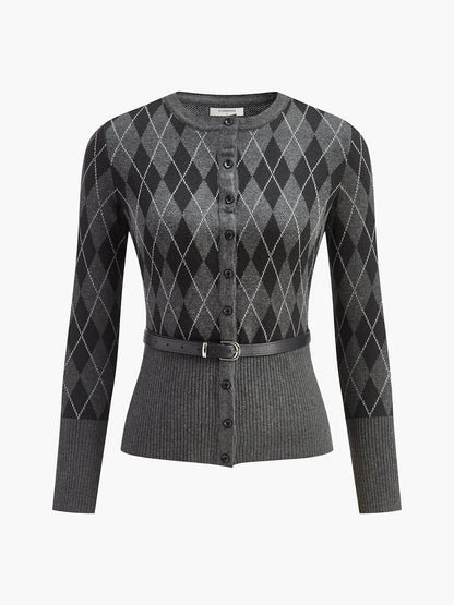 Eşkenar Dörtgen Desenli Kemer Düğmeli Hırka