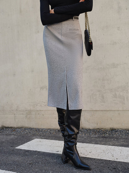 Kemersiz Chevron Bölünmüş Midi Etek