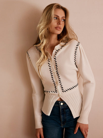 Kontrast Trim Bölünmüş İnce Kardigan