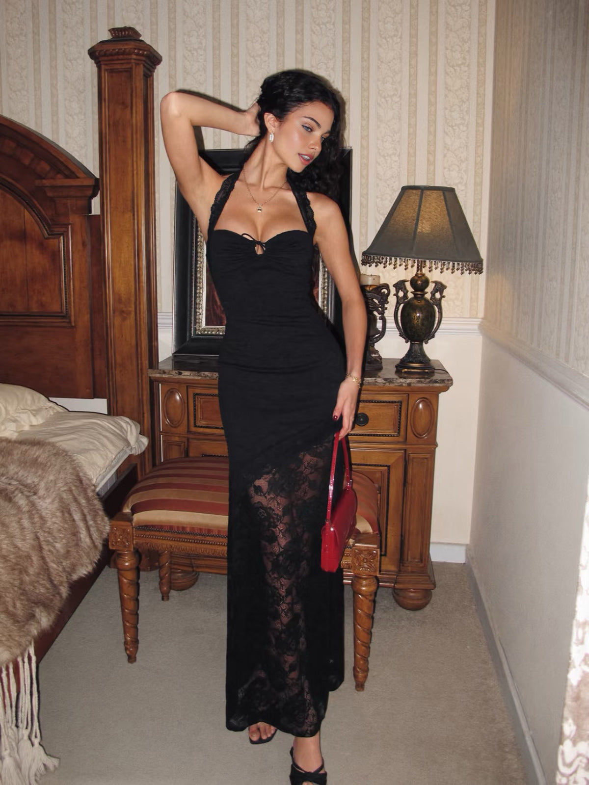 Şeffaf Dantel Panel Askılı Askılı Elbise