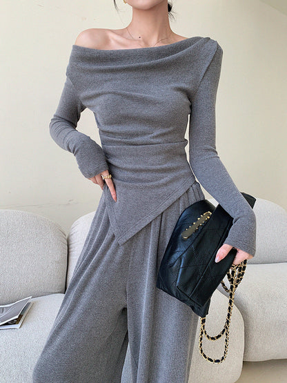 Düz Asimetrik Drapeli Pantolon Takımı