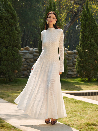 Yarı Şeffaf Balıkçı Yaka Dantel Uçuşan Uzun Elbise