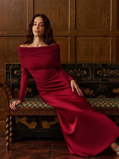 Omuzları Açık Kırışık Saten Panel Elbise